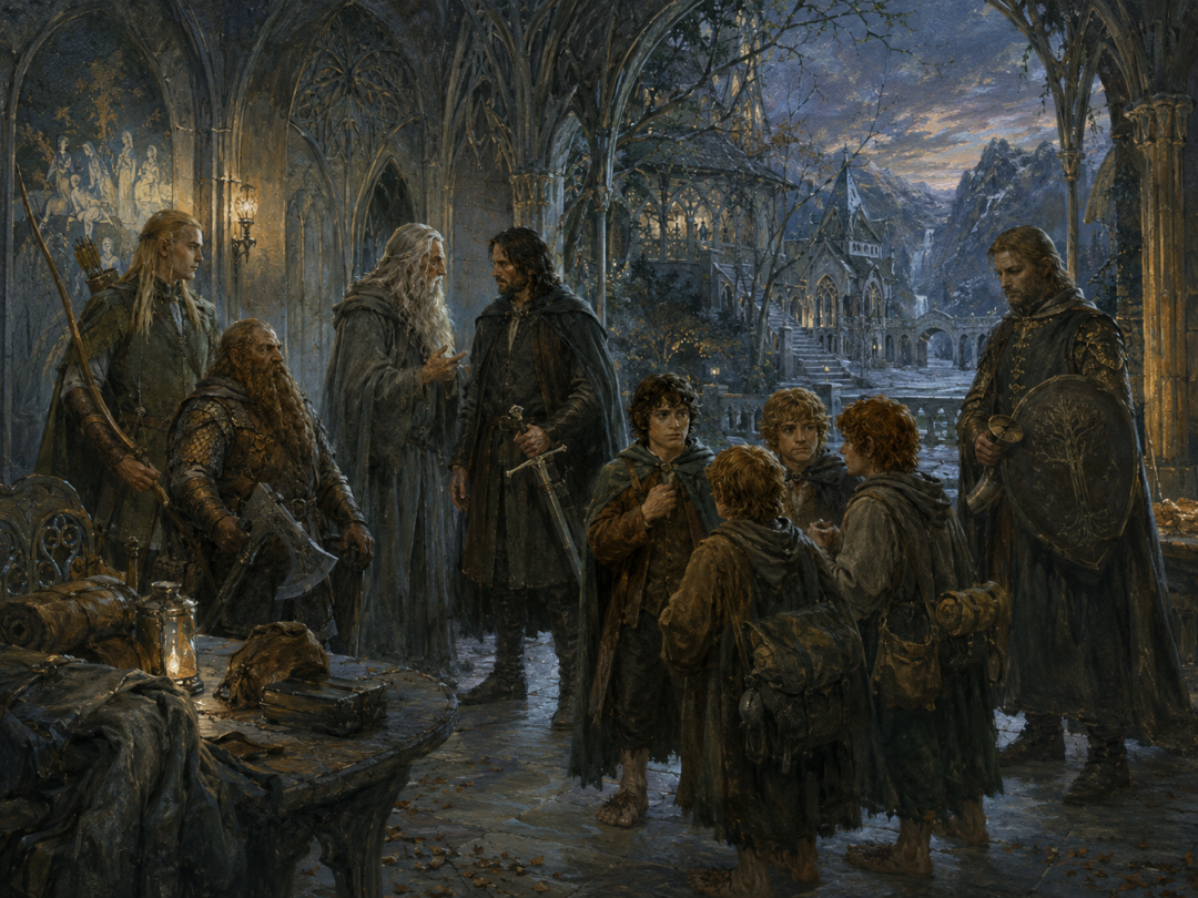 Frodo and the eight other members of the Fellowship prepare for their secret journey south from Rivendell.
