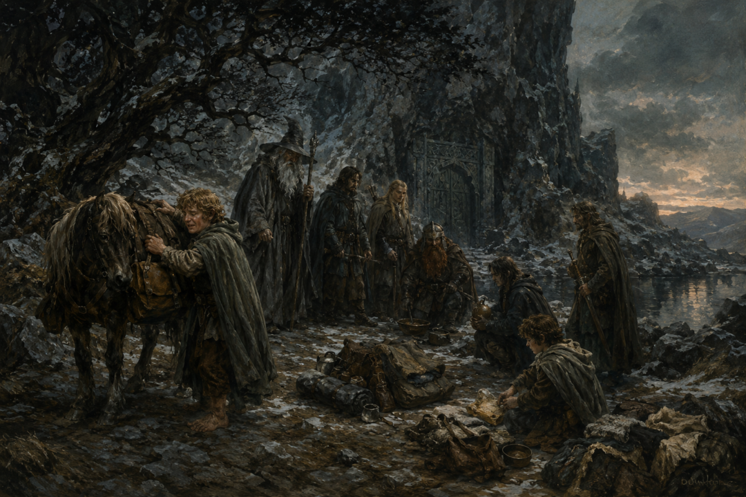 Sam and the Fellowship unload Bill the Pony and divide their essential supplies outside the West-gate of Moria.