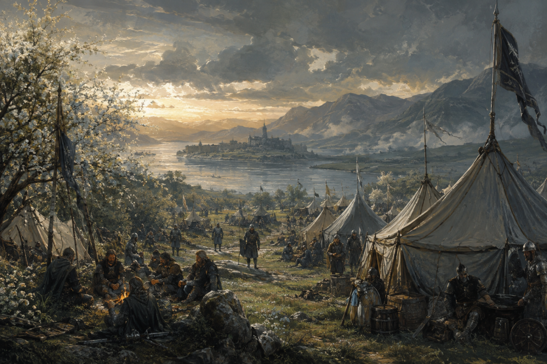 The surviving Army of the West resting on the Field of Cormallen beside the Anduin in northern Ithilien.