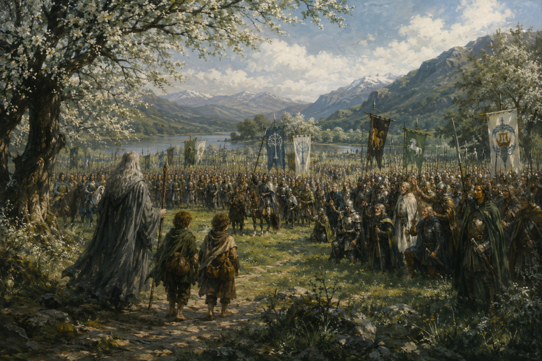 Frodo and Sam approach the assembled Host of the West on the green Field of Cormallen in Ithilien.