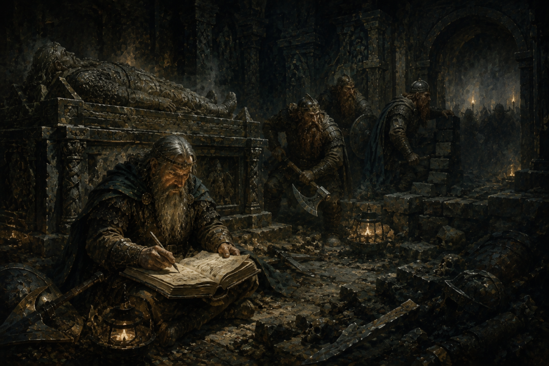 A Dwarf records the final hours of Balin’s colony in the Book of Mazarbul while enemies approach the chamber.