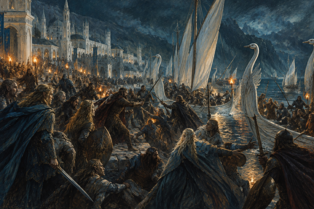Finarfin and part of the Noldor turning back toward Valinor while his children continue into exile