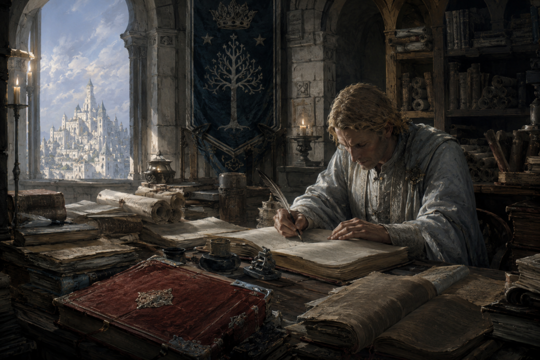 Findegil the King’s Writer copying the Red Book in a Fourth Age scriptorium in Minas Tirith.