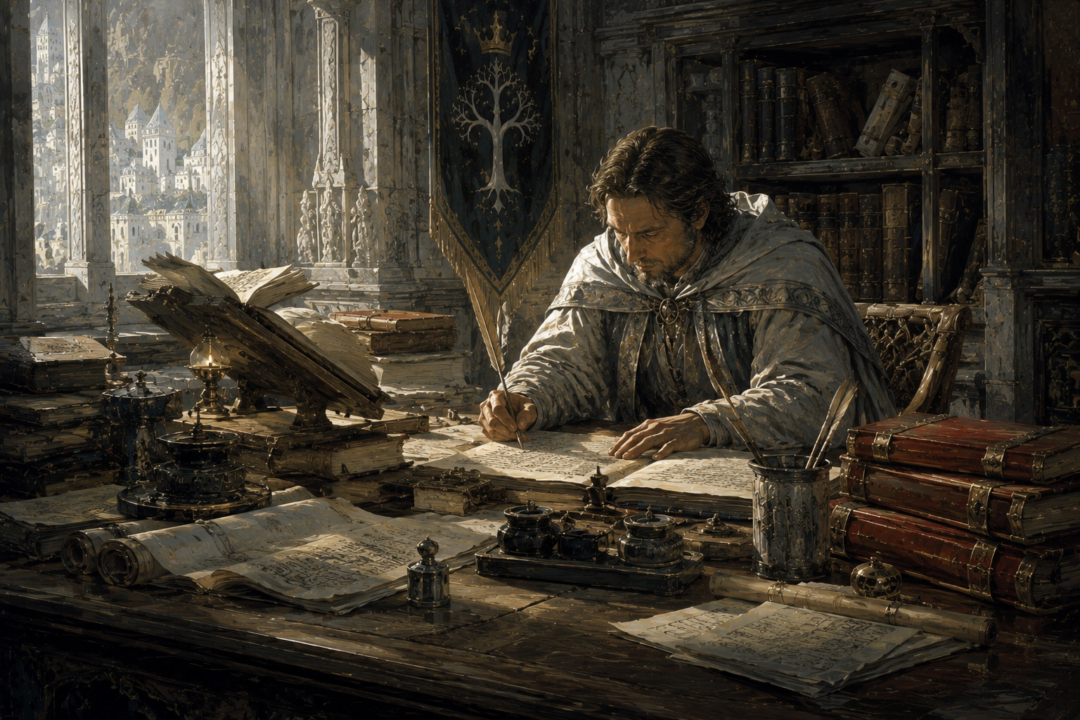 Findegil the King’s Writer carefully copying the Thain’s Book in Fourth Age Minas Tirith