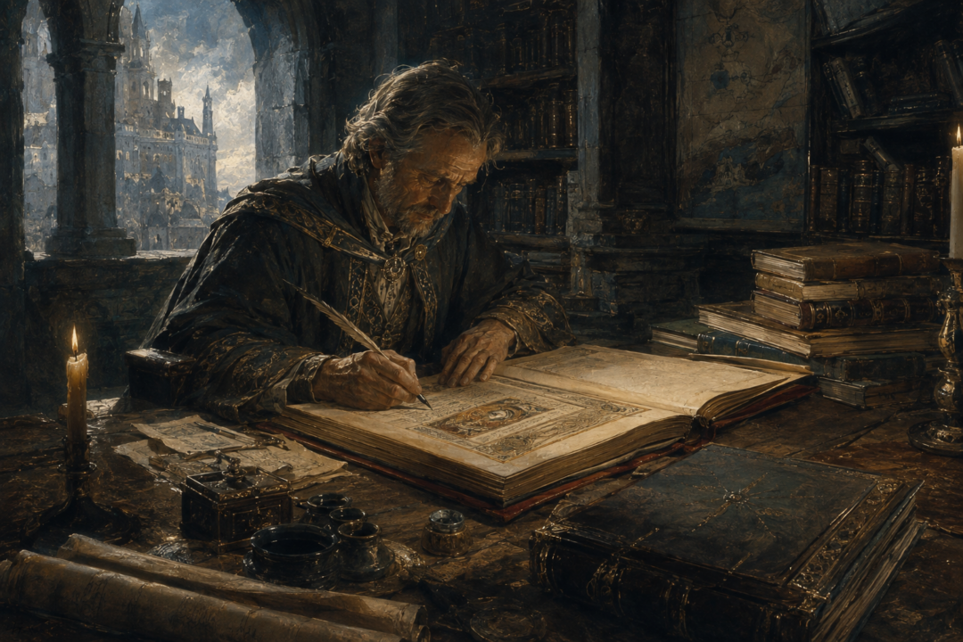Findegil the King's Writer completing a careful copy of the Thain's Book in Minas Tirith