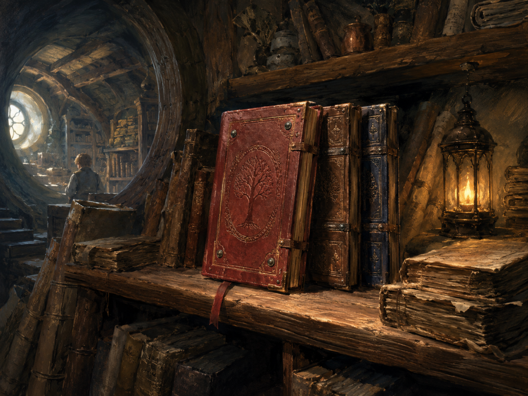Findegil’s Red Book copy and Bilbo’s volumes preserved in the library at Great Smials