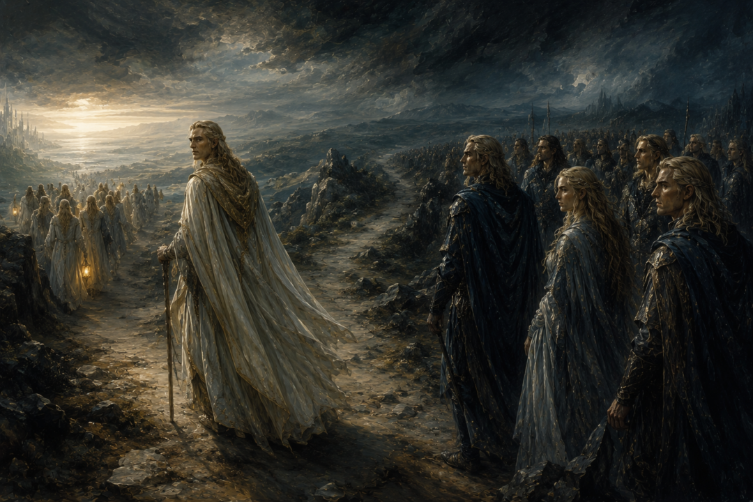 Fingolfin's abandoned host watching the stolen Telerin ships burn at Losgar before the crossing of the Helcaraxë
