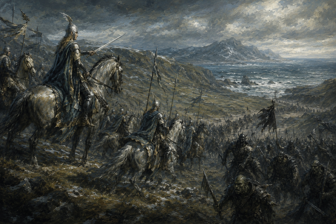 Fingon and Noldorin riders intercepting an Orc force attempting to enter Hithlum from the north
