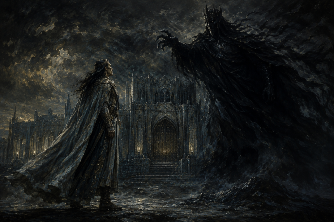 Finwë stands before Formenos as Melkor approaches during the Darkening of Valinor.