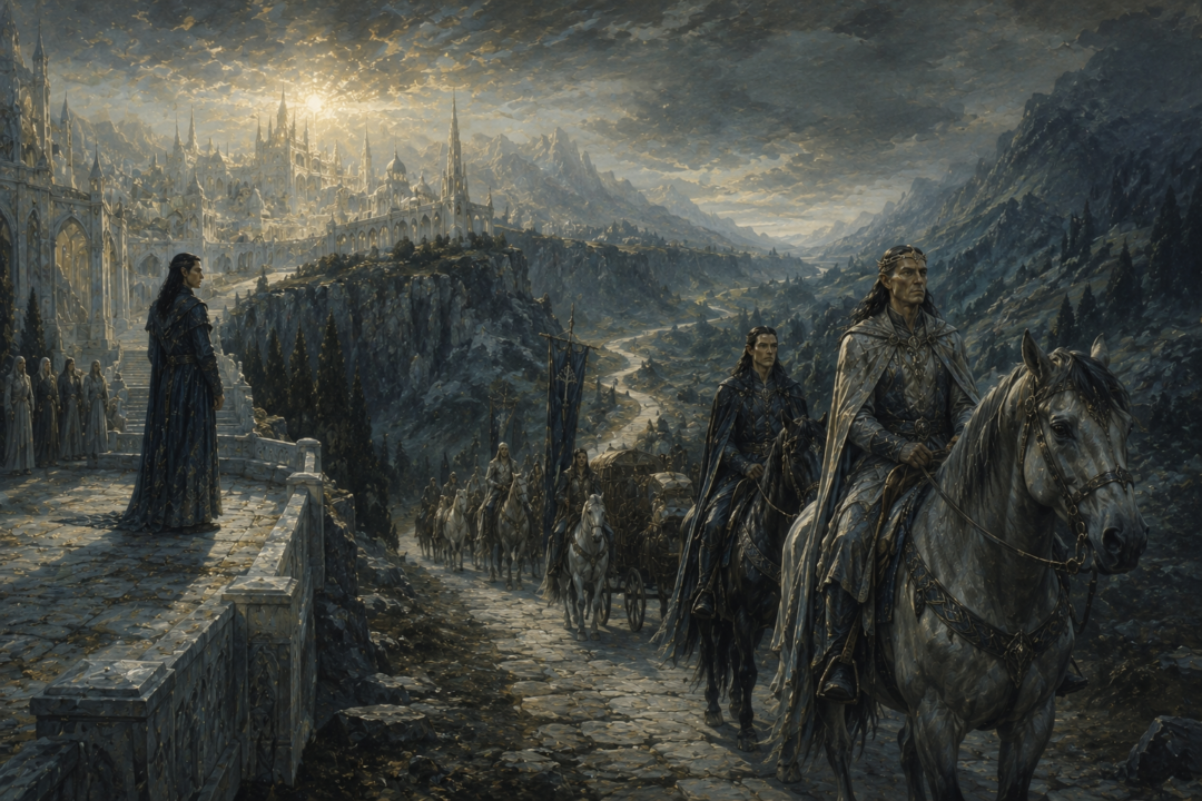 Finwë departs Tirion to join Fëanor at Formenos while Fingolfin remains to govern the Noldor.