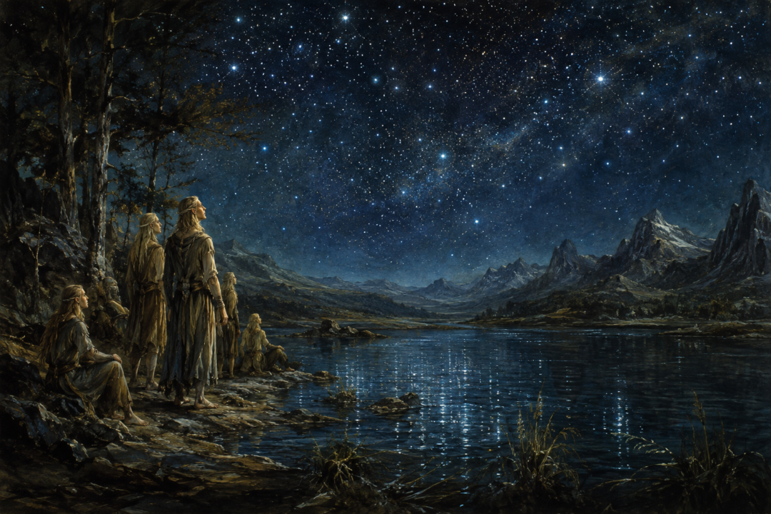 Elves awakening beside the waters of Cuiviénen beneath the stars at the beginning of the First Age