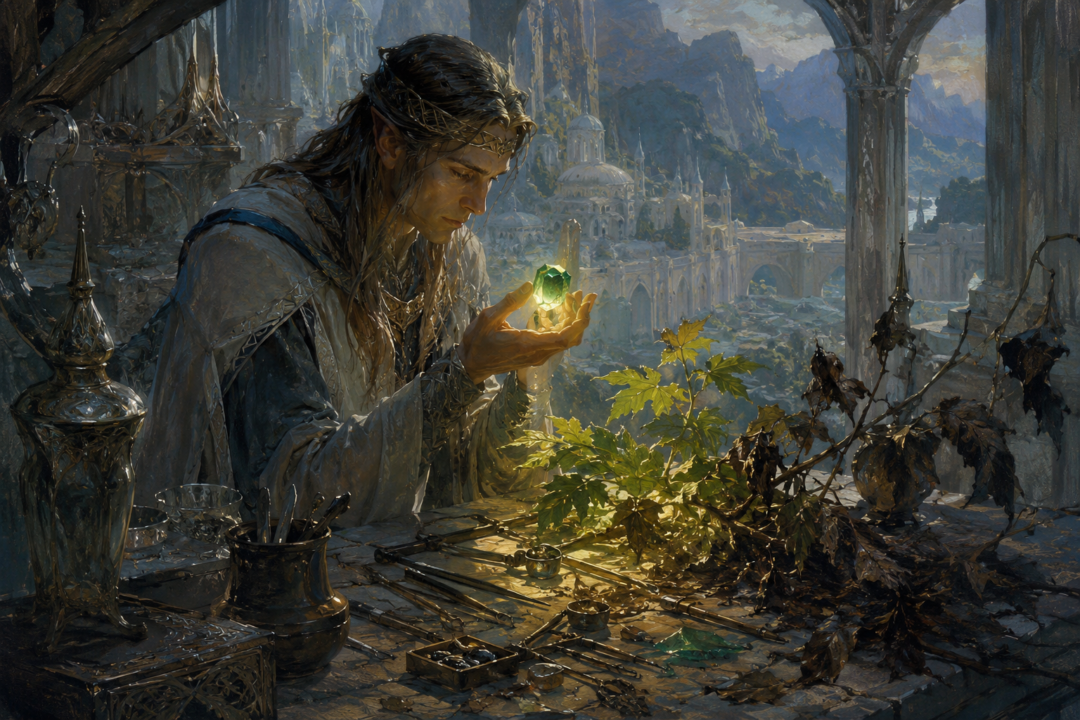 Elven jewel-smith in Gondolin with the green First Age Elessar and renewed leaves