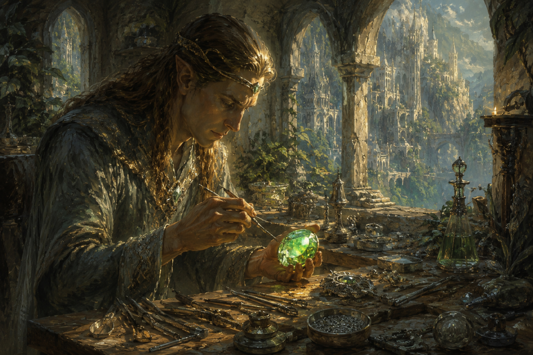 An Elven jewel-smith in Gondolin crafting the green Elessar with sunlight seemingly held inside the stone.