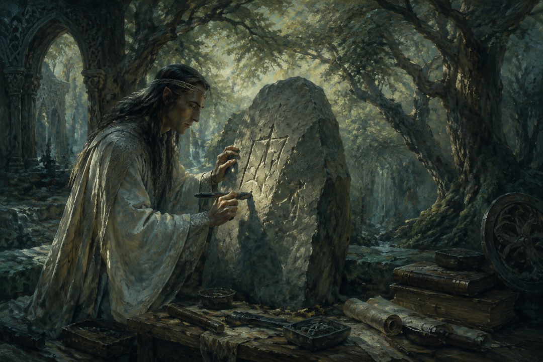 Elvish loremaster creating the first Cirth runes in an ancient forest realm