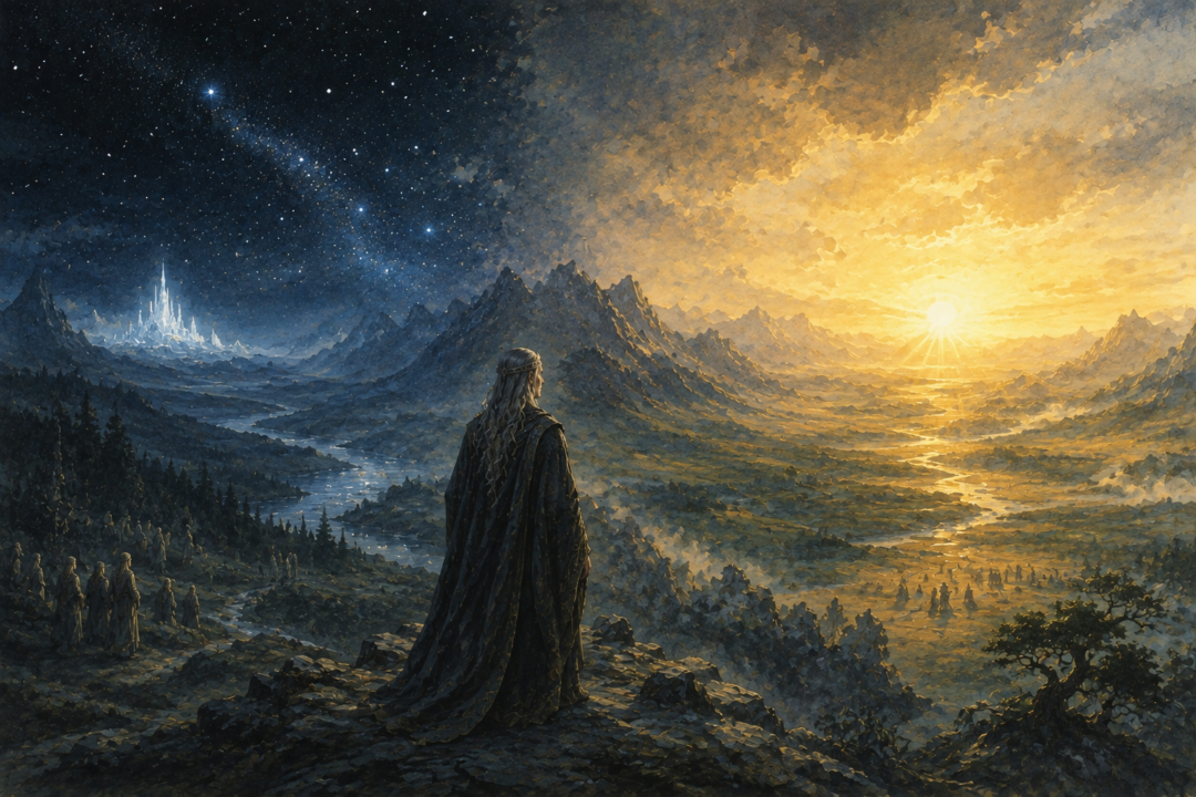 Symbolic view of Middle-earth transitioning from the starlit Elven world to the first sunrise and awakening of Men