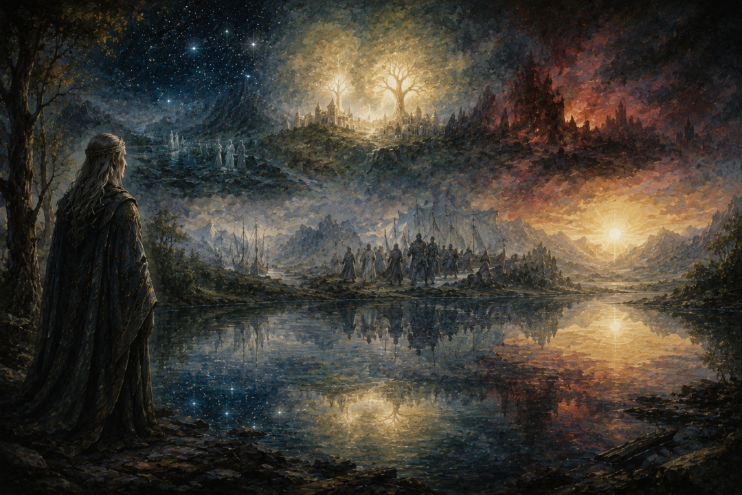 Elven memories of Cuiviénen, the Two Trees, the Noldorin exile and the first sunrise illustrating the long First Age