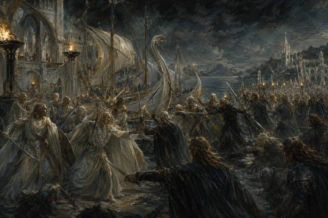 Teleri defending their swan-ships from the Noldor during the First Kinslaying at Alqualondë