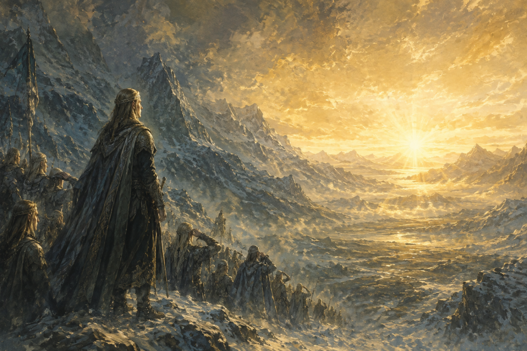 Fingolfin and the Noldor witnessing the first sunrise over Middle-earth after crossing the Helcaraxë