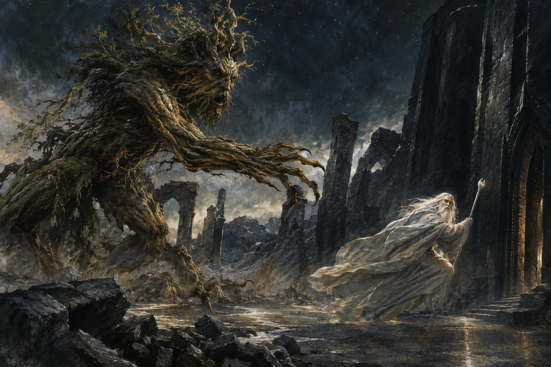 Flooded Isengard surrounds Orthanc after the Ents destroy Saruman's workshops and trap him inside the tower.