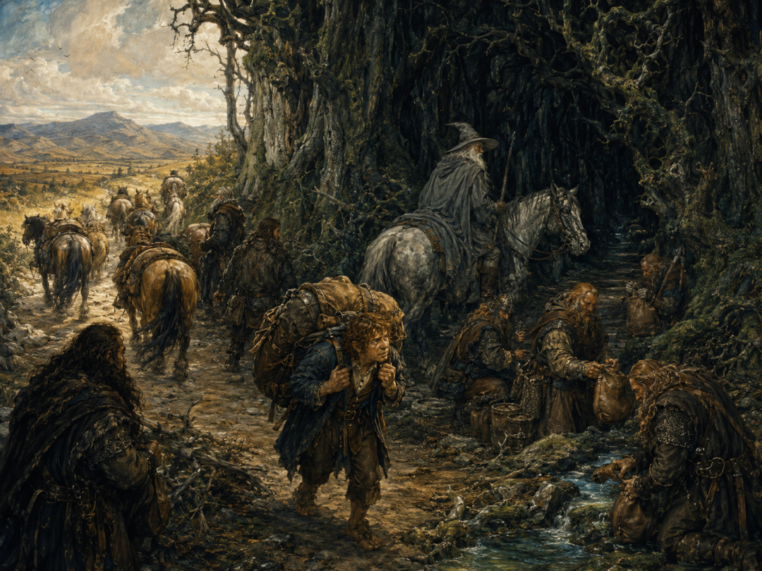 Bilbo and the dwarves unload Beorn’s ponies and fill water-skins at the Forest Gate before entering Mirkwood on foot.