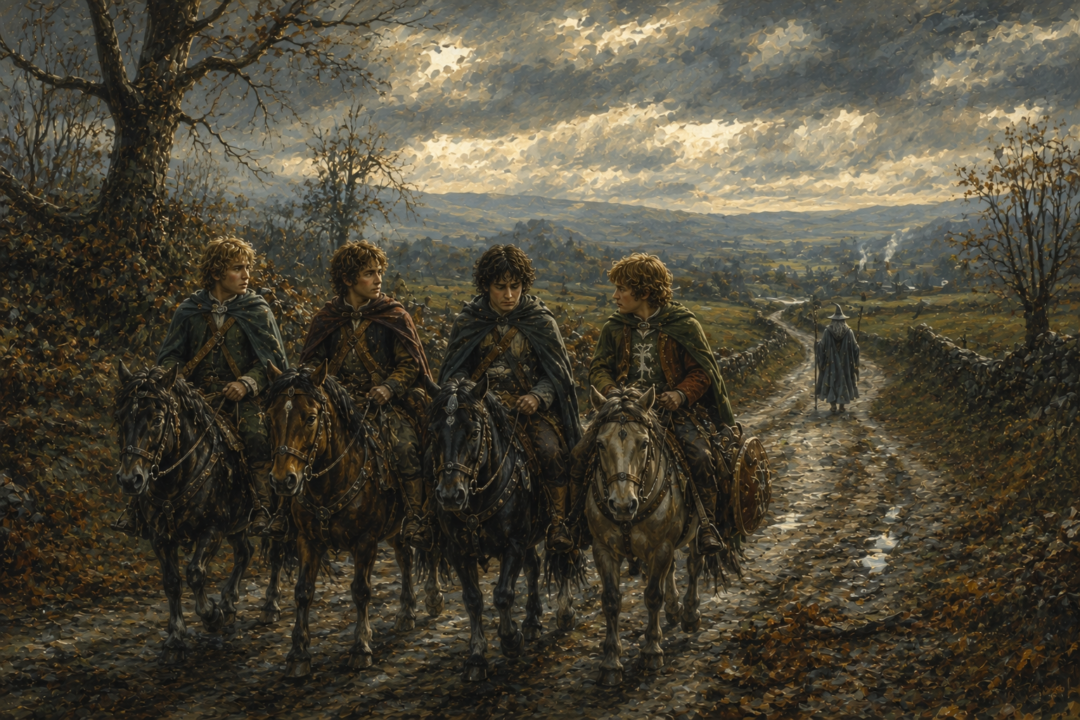 Frodo, Sam, Merry, and Pippin travel alone toward the Shire after Gandalf turns aside from their road.