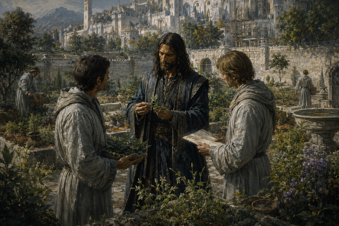 An imagined Fourth Age herb garden where King Elessar teaches Gondorian healers about cultivated athelas.
