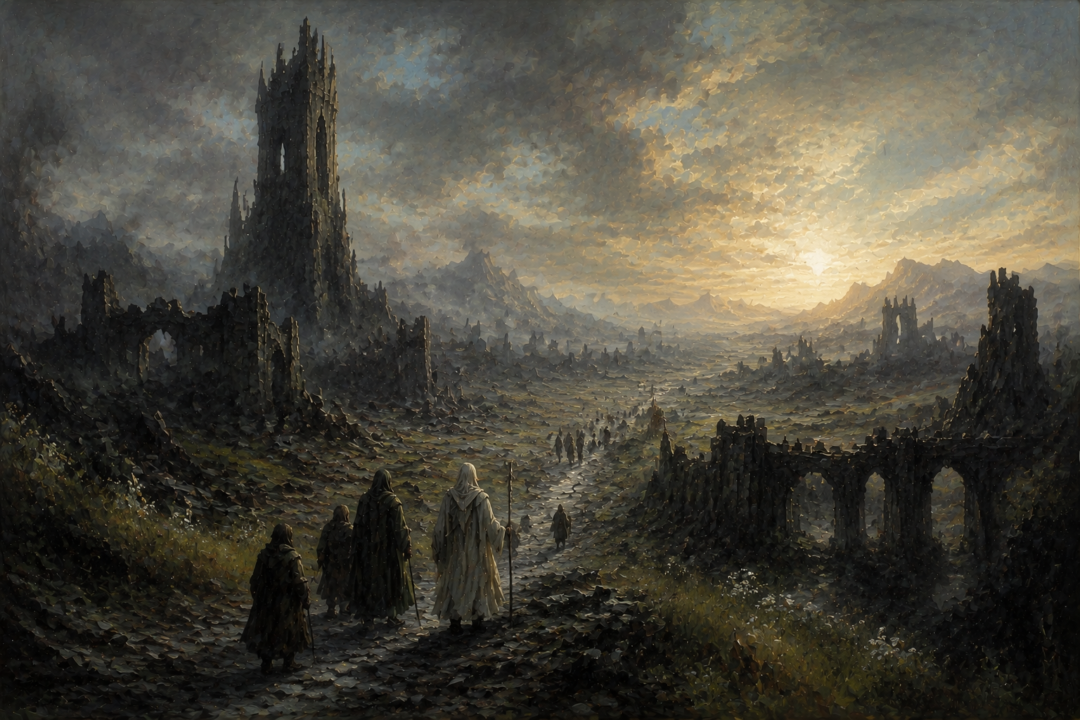 A Fourth Age scene of healing and renewal among the ruins of Mordor