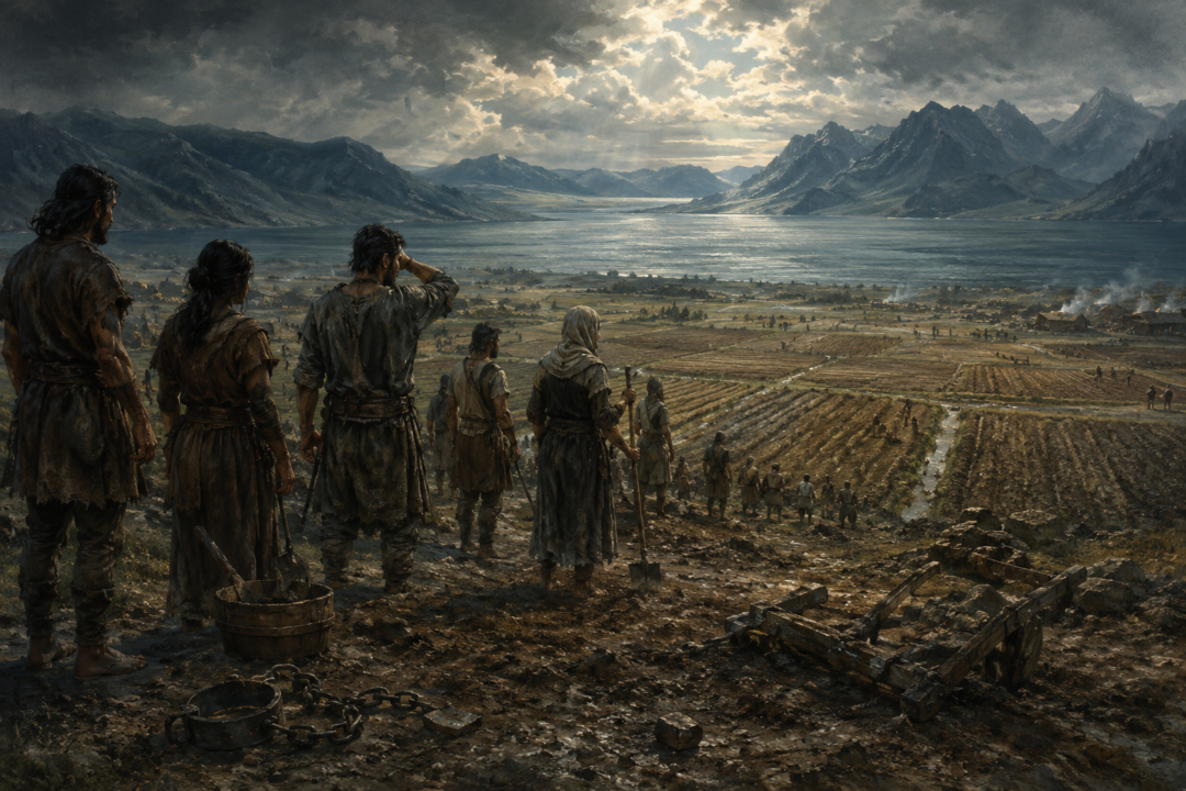 Former slaves overlooking the fields around Lake Núrnen after the fall of Sauron