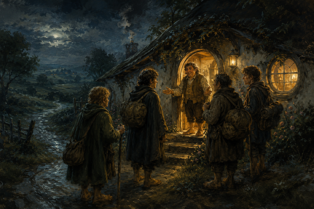 Frodo and his hobbit companions arriving at the warmly lit house at Crickhollow in Buckland.