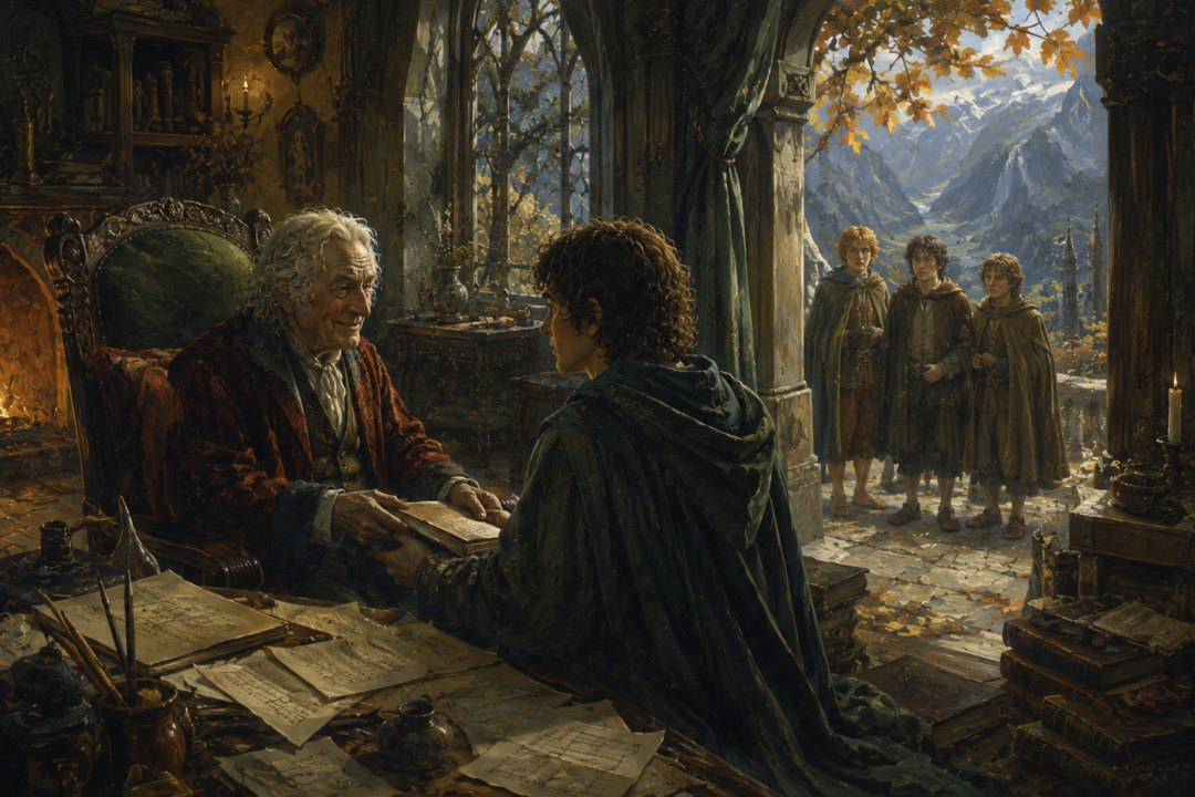 Frodo visits the aged Bilbo among books and papers in Rivendell before departing for the Shire.