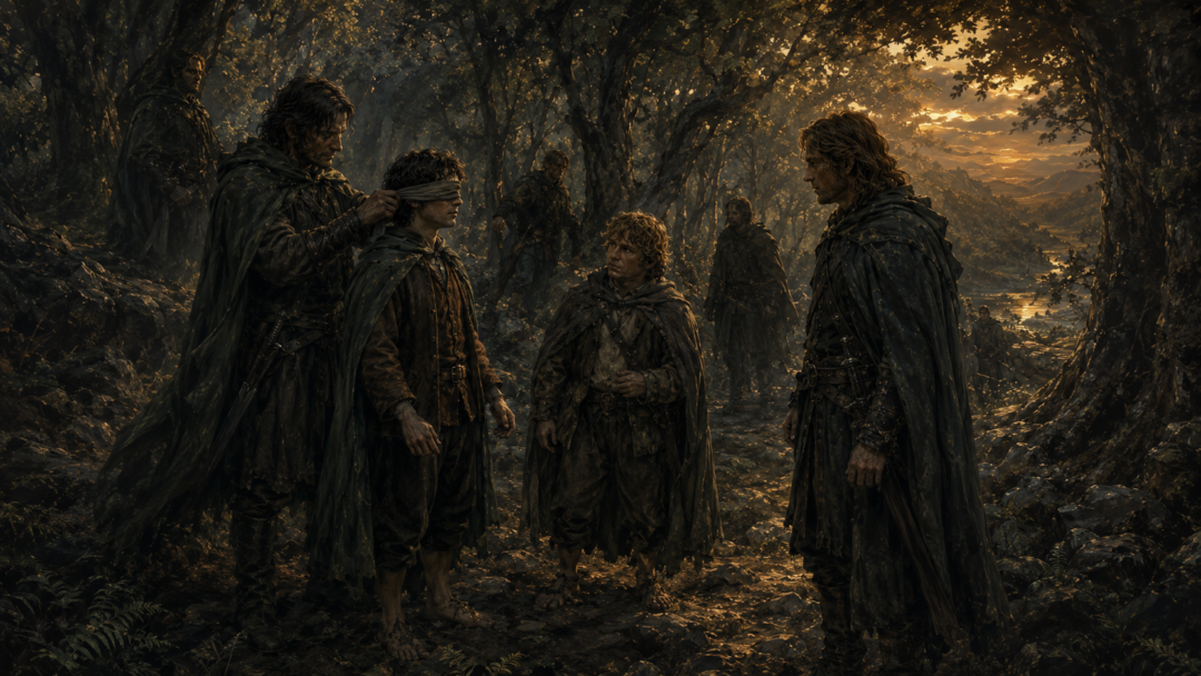 Frodo accepts a blindfold while remaining unbound as Faramir balances trust with the secrecy of Gondor’s refuge.