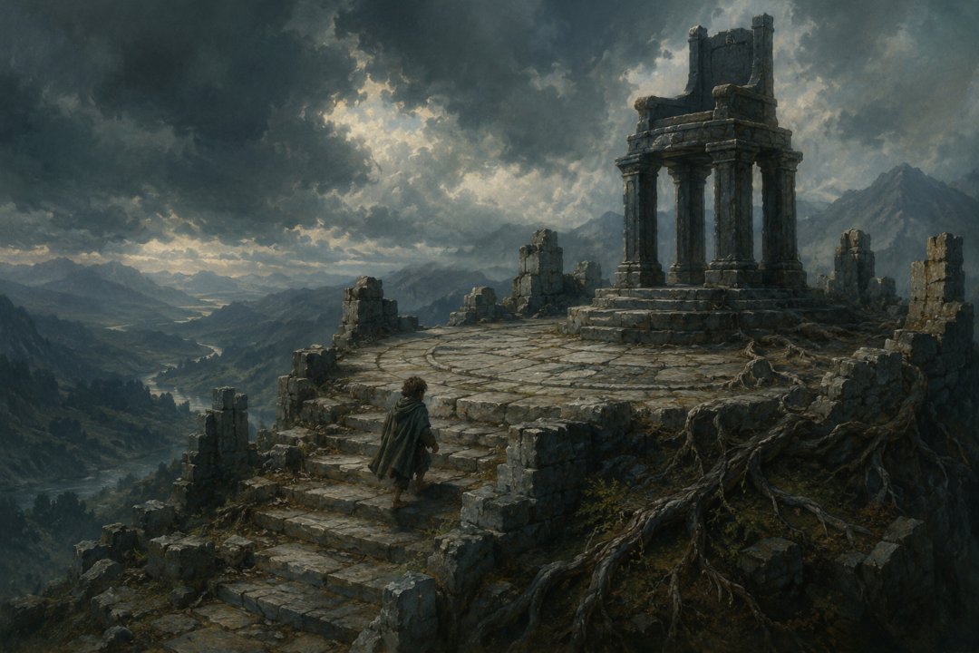 Frodo climbs the ruined summit of Amon Hen toward the ancient Númenórean Seat of Seeing.