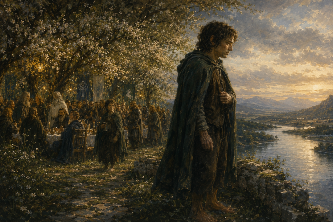 Frodo looks west from the joyful Field of Cormallen in a bittersweet image of victory and lasting sacrifice.