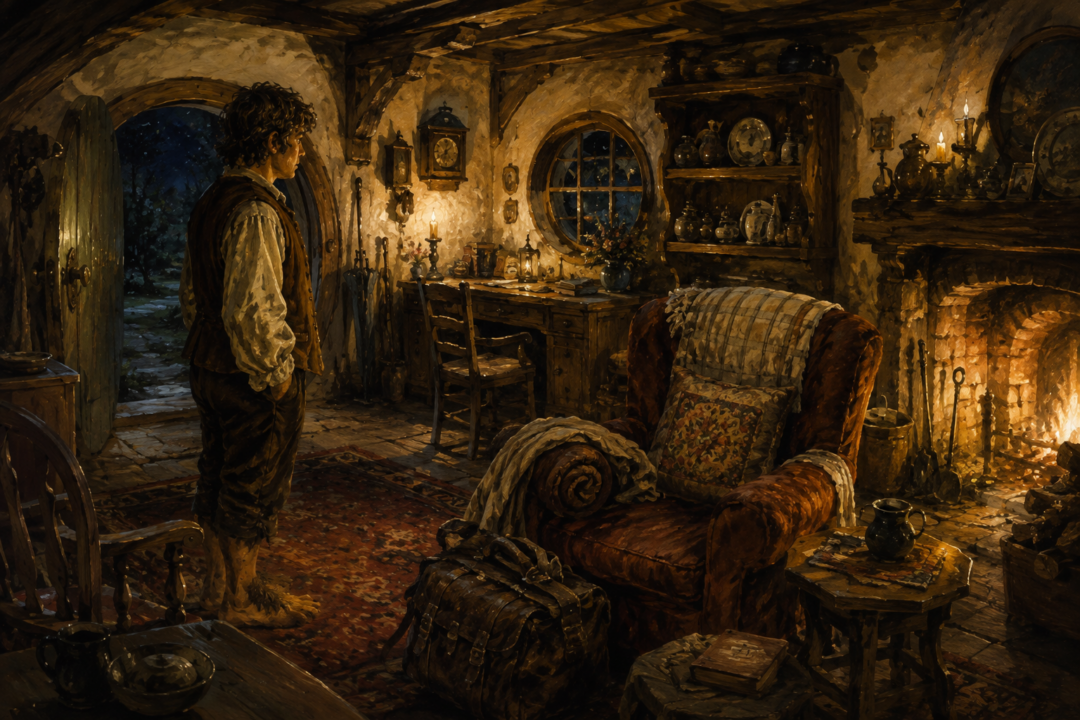Frodo looking over familiar Bag End furniture arranged inside his comfortable new house at Crickhollow.