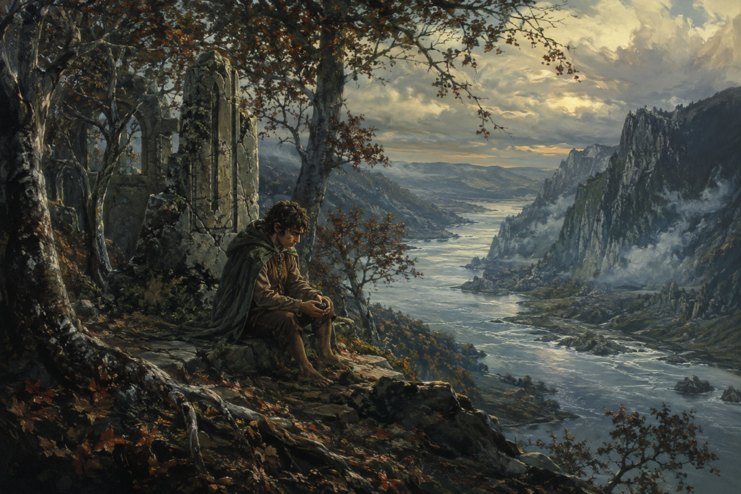 Frodo sits alone among the ancient ruins and rowan trees of Amon Hen while deciding whether to continue toward Mordor.