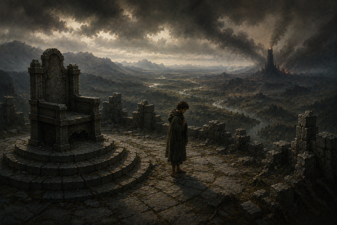 Frodo stands beside the Seat of Seeing after his vision, resolved to take the Ring toward Mordor.