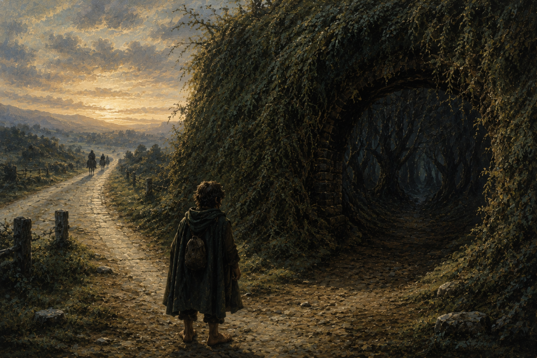 Frodo facing the choice between the watched East Road and the dangerous concealed route through the Old Forest