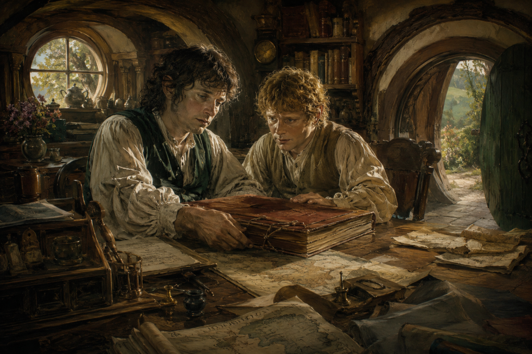 Frodo and Sam beside the Red Book manuscript at Bag End before Frodo's departure.