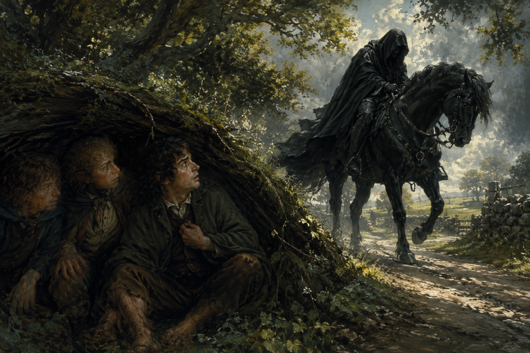 Frodo, Sam, and Pippin hide beside a Shire road as a mysterious Black Rider searches for them in Woody End.