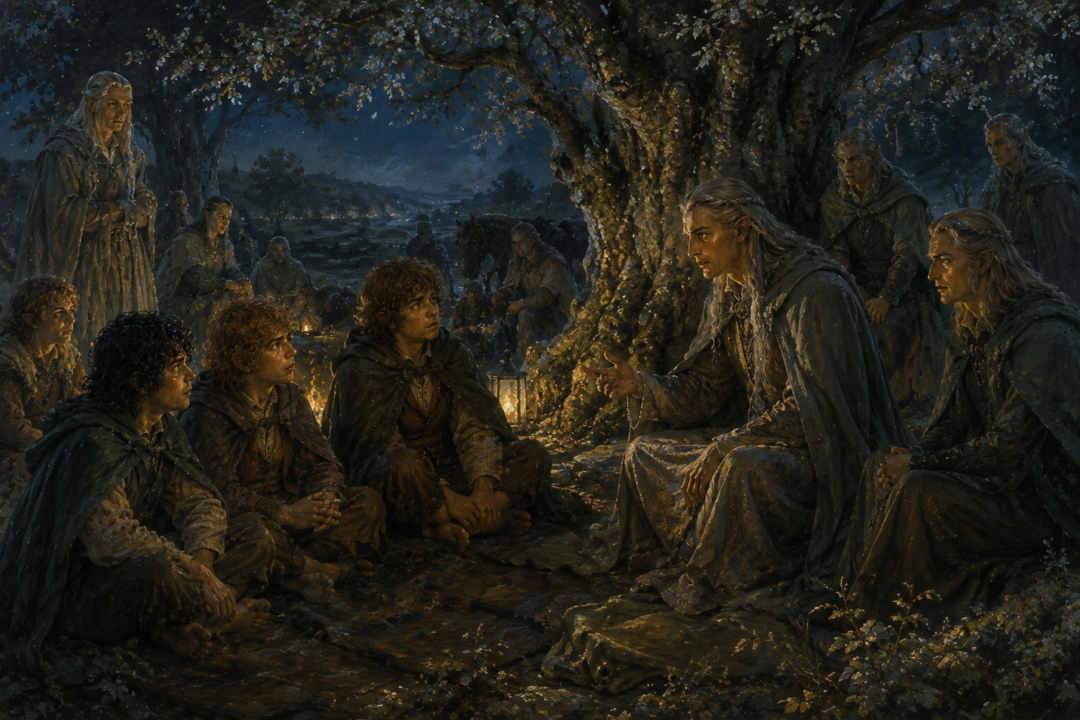 Frodo listens to Gildor among the wandering Elves after encountering the mysterious Black Riders.