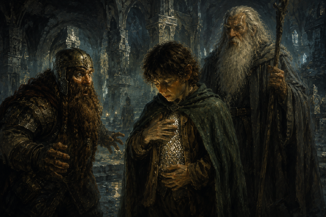 Frodo touches his hidden mithril coat as Gimli recognizes its extraordinary value in Moria.