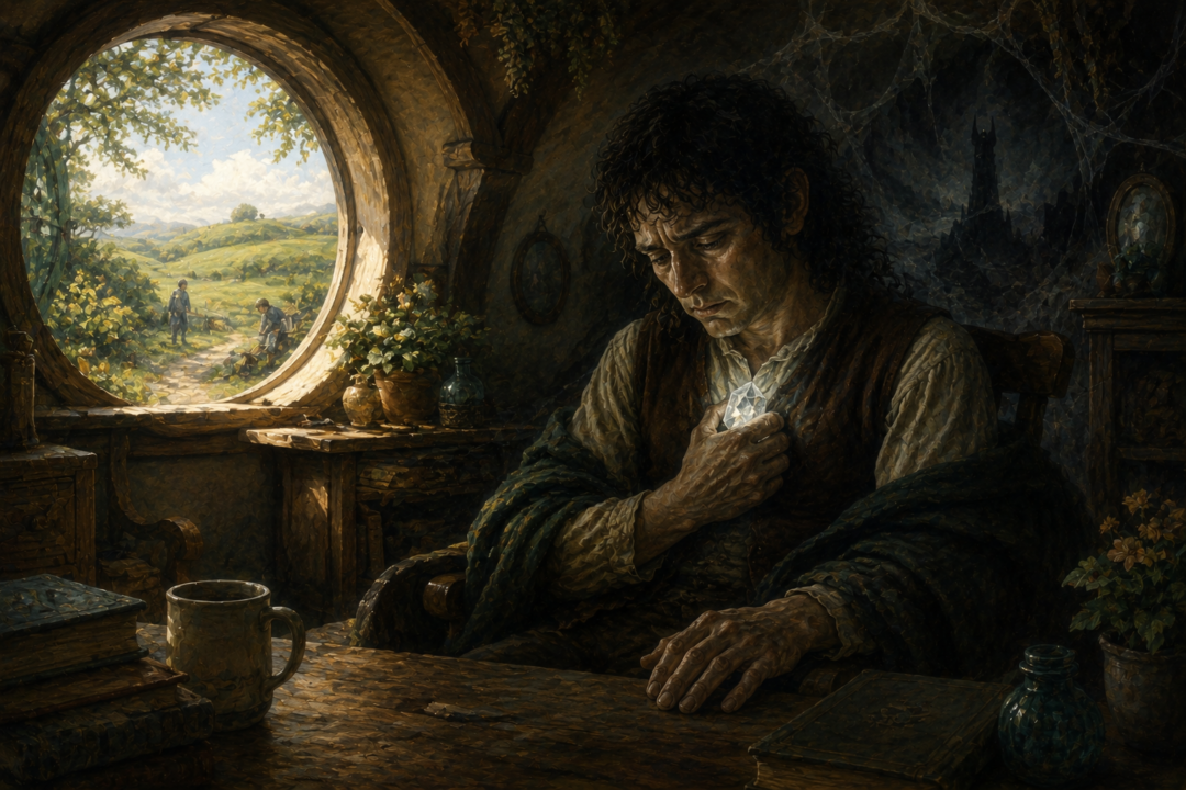 Frodo prepares to sail from the Grey Havens as memories of Weathertop and Cirith Ungol fade behind him.