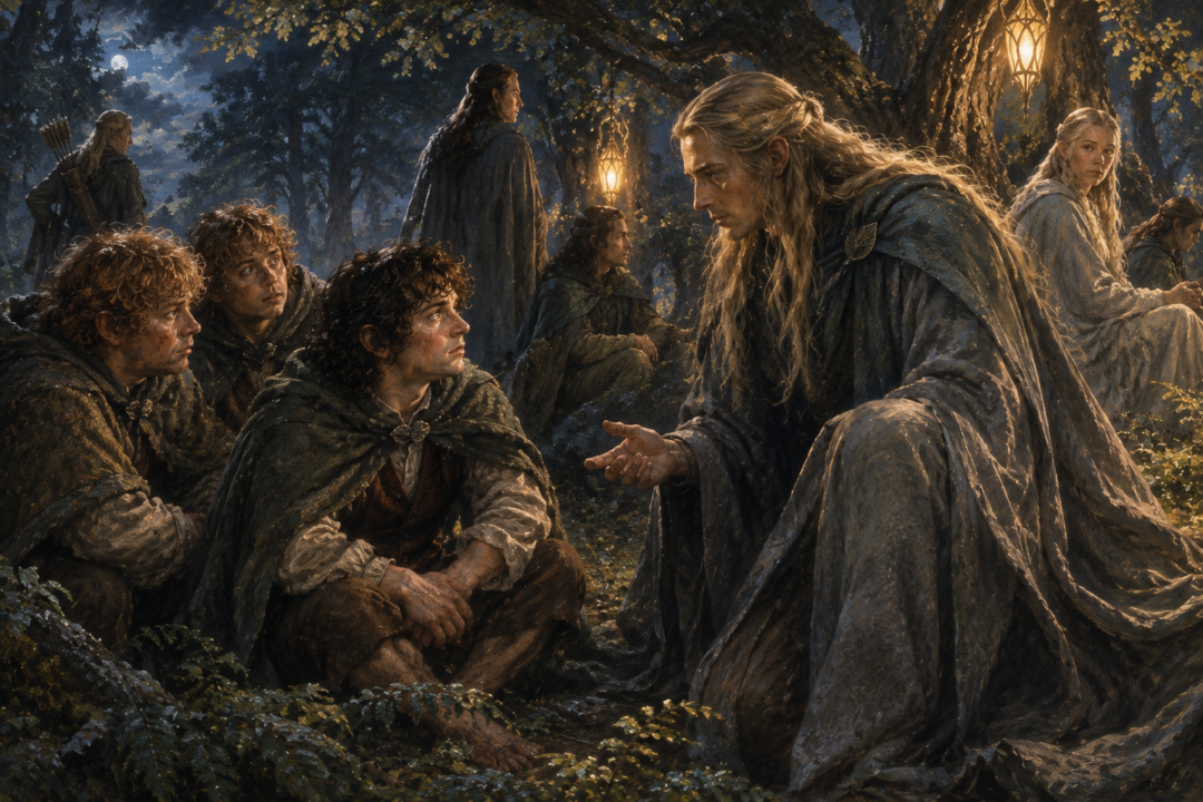 Frodo leads Sam and Pippin across rough Shire countryside to avoid the road where the Black Riders are searching.