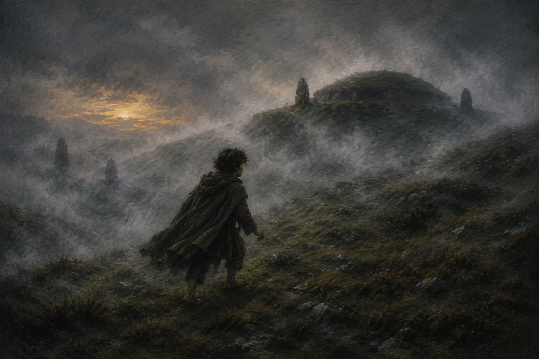 Frodo wanders alone through the fog toward an ancient barrow after becoming separated from his companions on the Barrow-downs.