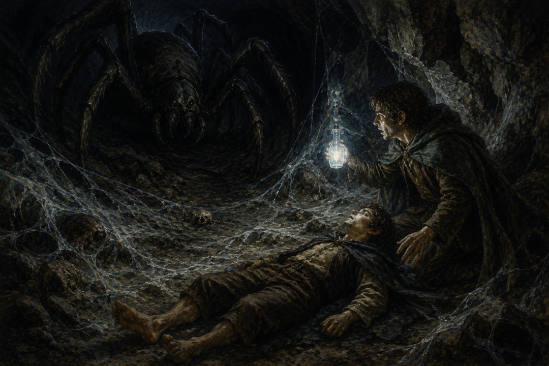 Frodo suffers an anniversary illness at Bag End while holding Arwen's white gem as peaceful Shire life continues outside.