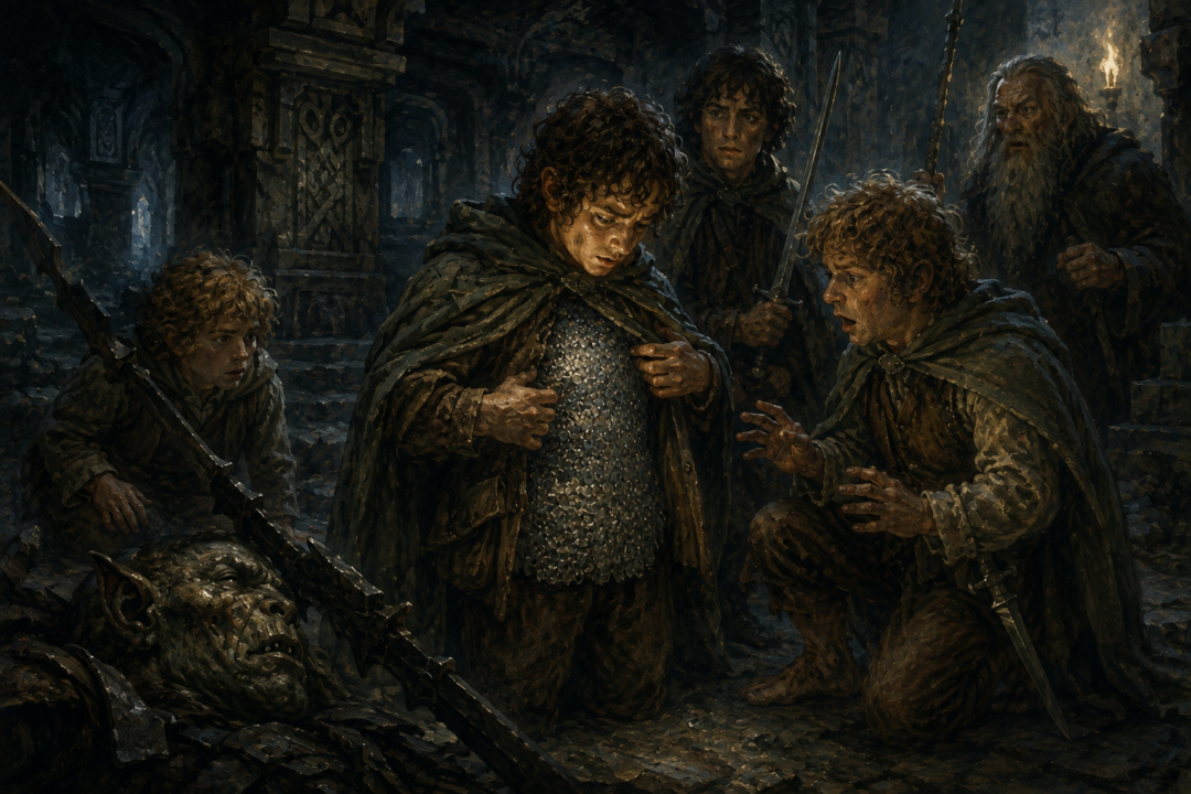 Frodo revealing the mithril mail that protected him from an Orc spear attack in Moria.