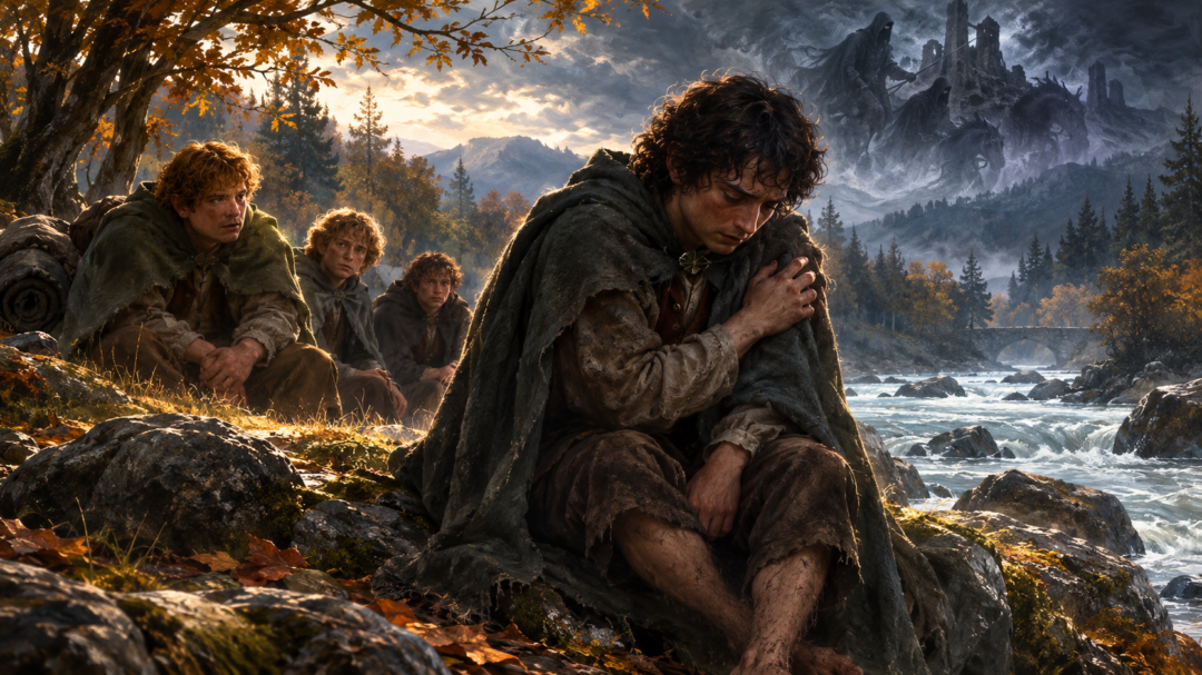 Frodo rests beside the Ford of Bruinen as pain and memory return on the anniversary of his Weathertop wound.