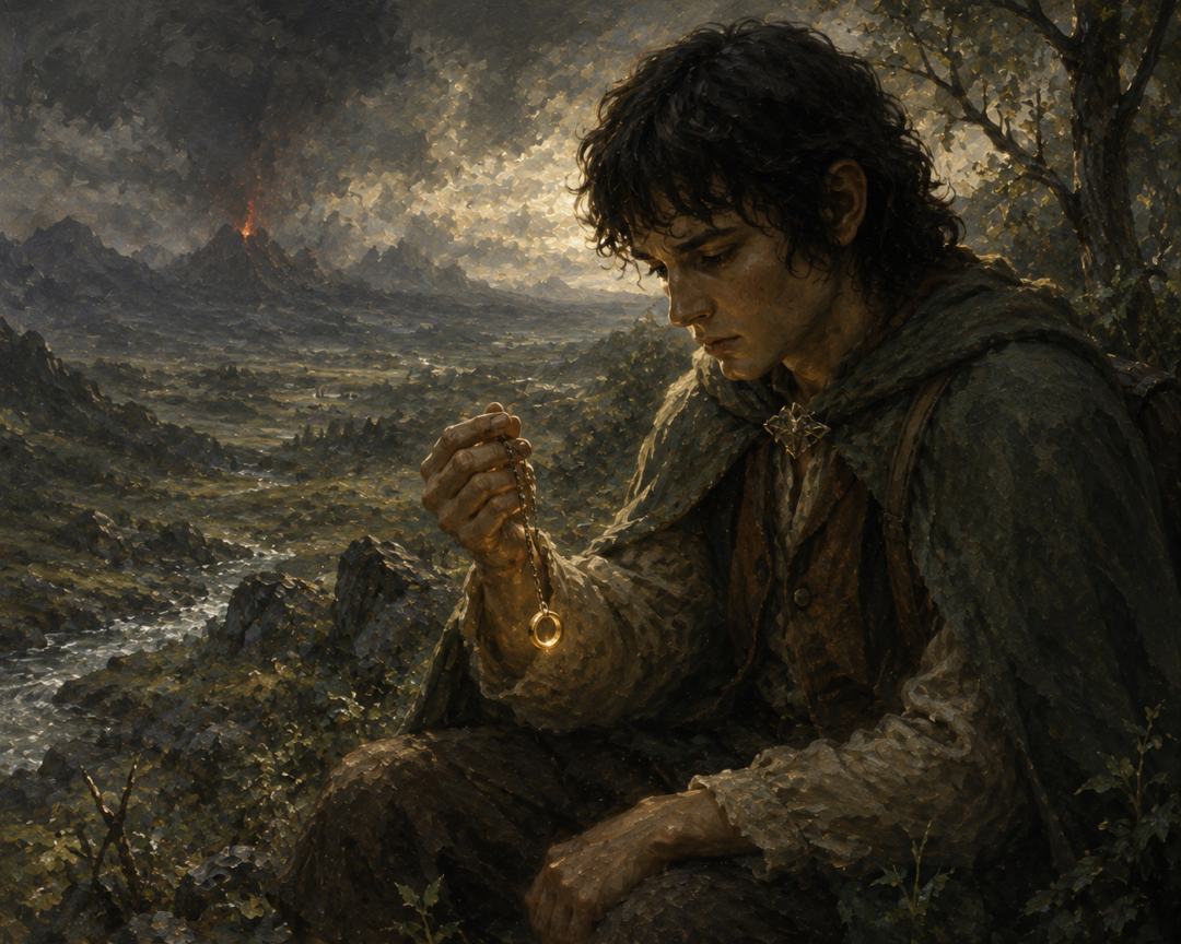 Frodo holding the plain golden One Ring by its chain with the distant shadow of Mordor on the horizon.