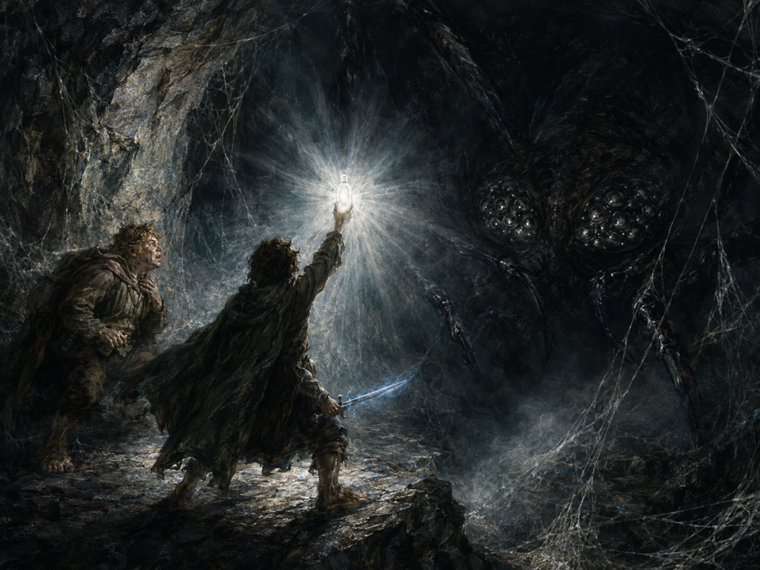Frodo raises the Phial of Galadriel and Sting before Shelob’s many eyes deep inside her lair.