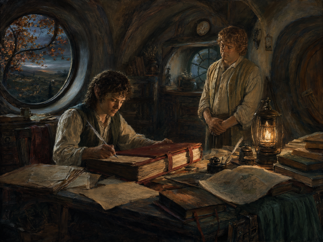 Frodo completing the Red Book manuscript at Bag End with Sam nearby.